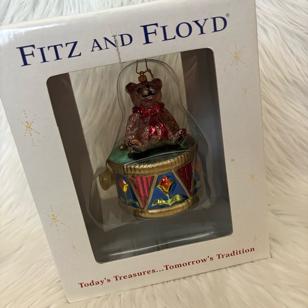 Fitz and Floyd Toy Bear on Drum Blown Glass Ornament